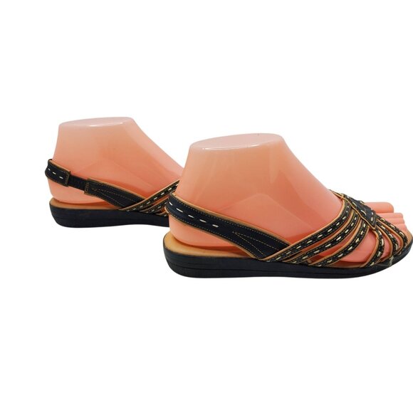 Women's Soft Spots Slingback Black/ Tan Low Wedge Sandals Size 6 M - Picture 6 of 8